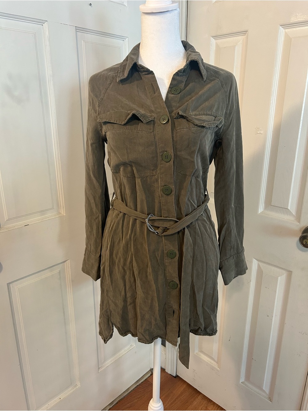 Topshop Olive Green Long-Sleeve Utility Shirt Dress